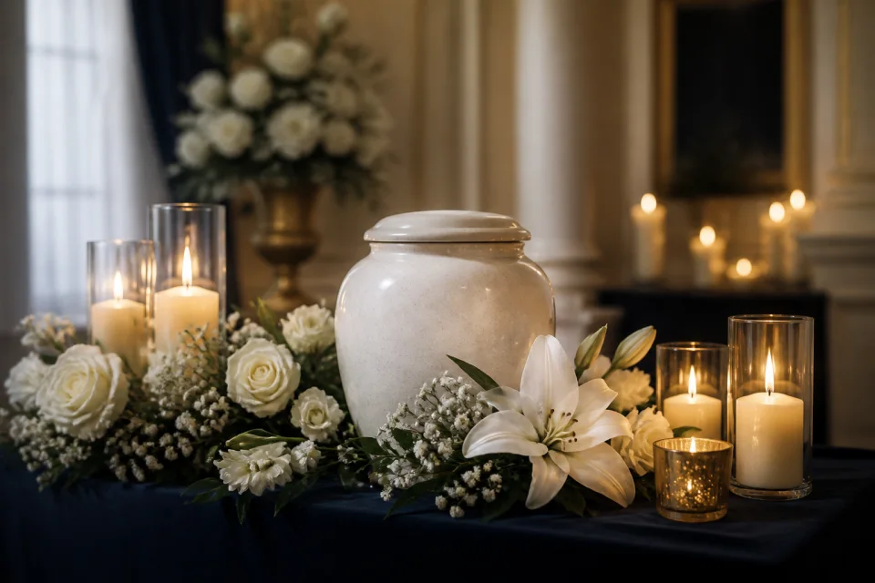 Urna de cremação com velas e flores brancas