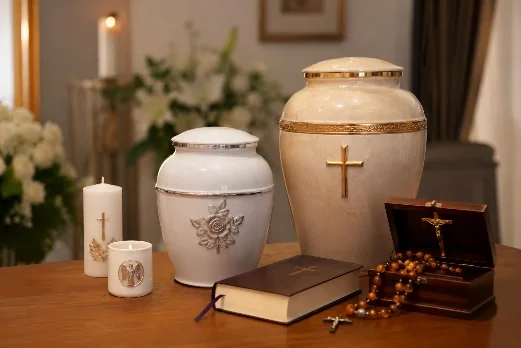 Urnas funerárias e artigos religiosos apresentados com sobriedade